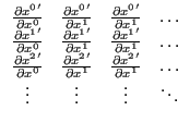 $ \begin{array}{c c c c}
\partialdiv{x{^0}'}{x{^0}} & \partialdiv{x{^0}'}{x{^1}}...
...aldiv{x{^2}'}{x{^1}} & \ldots \\
\vdots & \vdots & \vdots & \ddots
\end{array}$