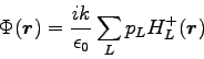 \begin{displaymath}
\Phi(\mbox{\boldmath$r$}) = \frac{ik}{\epsilon_0} \sum_L p_L H_L^+(\mbox{\boldmath$r$})
\end{displaymath}