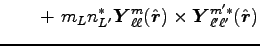 $\displaystyle \quad \quad
+  m_L n_{L'}^\ast \mbox{\boldmath$Y$}_{\ell \ell}^{...
...) \times \mbox{\boldmath$Y$}_{\ell' \ell'}^{m'
\ast}(\hat{\mbox{\boldmath$r$}})$