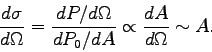 \begin{displaymath}
\frac{d\sigma}{d\Omega} = \frac{dP/d\Omega}{dP_0/dA} \propto
\frac{dA}{d\Omega} \sim A.
\end{displaymath}