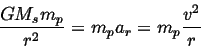 \begin{displaymath}
\frac{GM_sm_p}{r^2} = m_pa_r = m_p\frac{v^2}{r}
\end{displaymath}